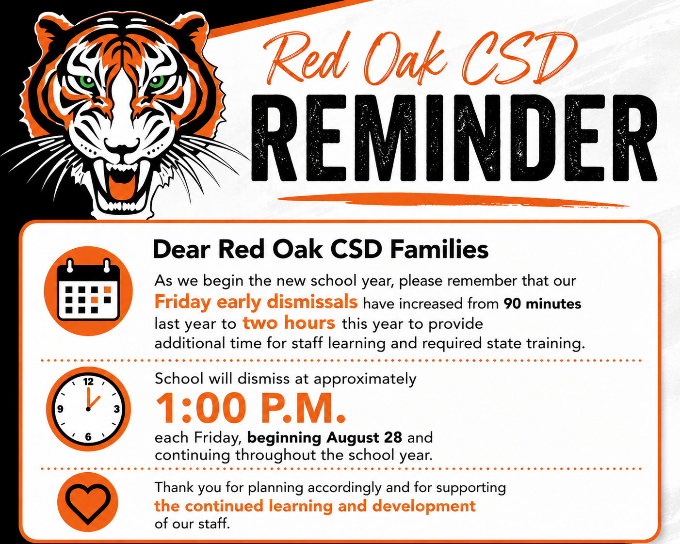 Reminder: 2026-2027 Friday Early Dismissals at 1:00 p.m.
